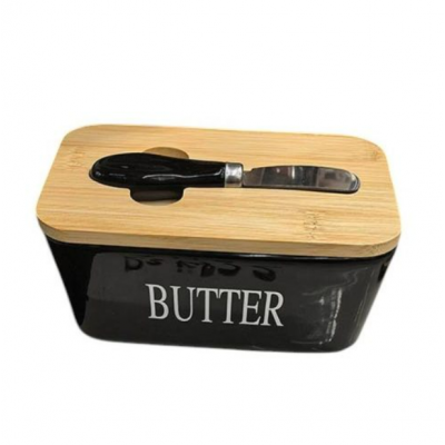 Маслянка кераміка з ножем та бамбуковою кришкою 16.8*9.5*7.7см