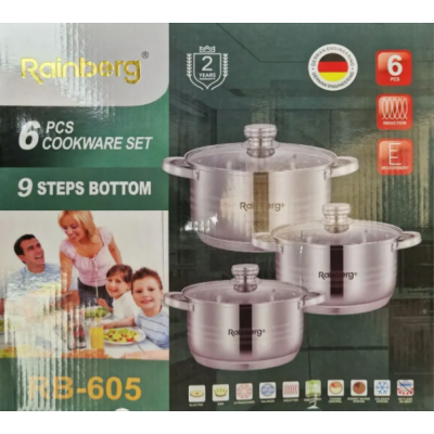 Набір каструль Rainberg RB-605 з 3-х каструль 6,3/7,1/9,4л з кришками з нержавіючої сталі 6 предметів
