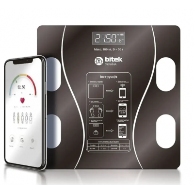Ваги електронні побутові підлогові 180кг скляні квадратні LED екран App BITEK BT-1605 