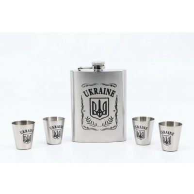 Набір подарунковий Україна: Фляга 8 Oz/ 4 чарки /лійка нержавіюча сталь