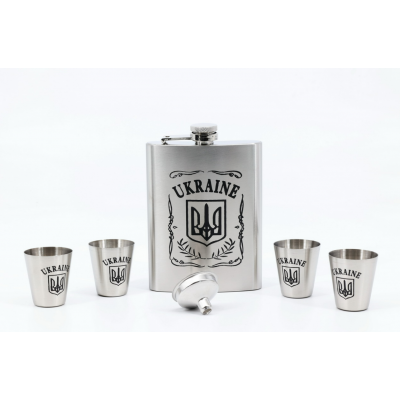 Набір подарунковий Україна: Фляга 8 Oz/ 4 чарки /лійка нержавіюча сталь Набір подарунковий Україна: Фляга 8 Oz/ 4 чарки /лійка нержавіюча сталь